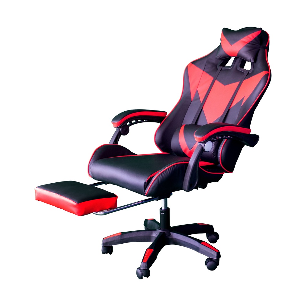 Silla Gamer con masajeador lumbar, descansa pies, reclinable y cabecera roja
