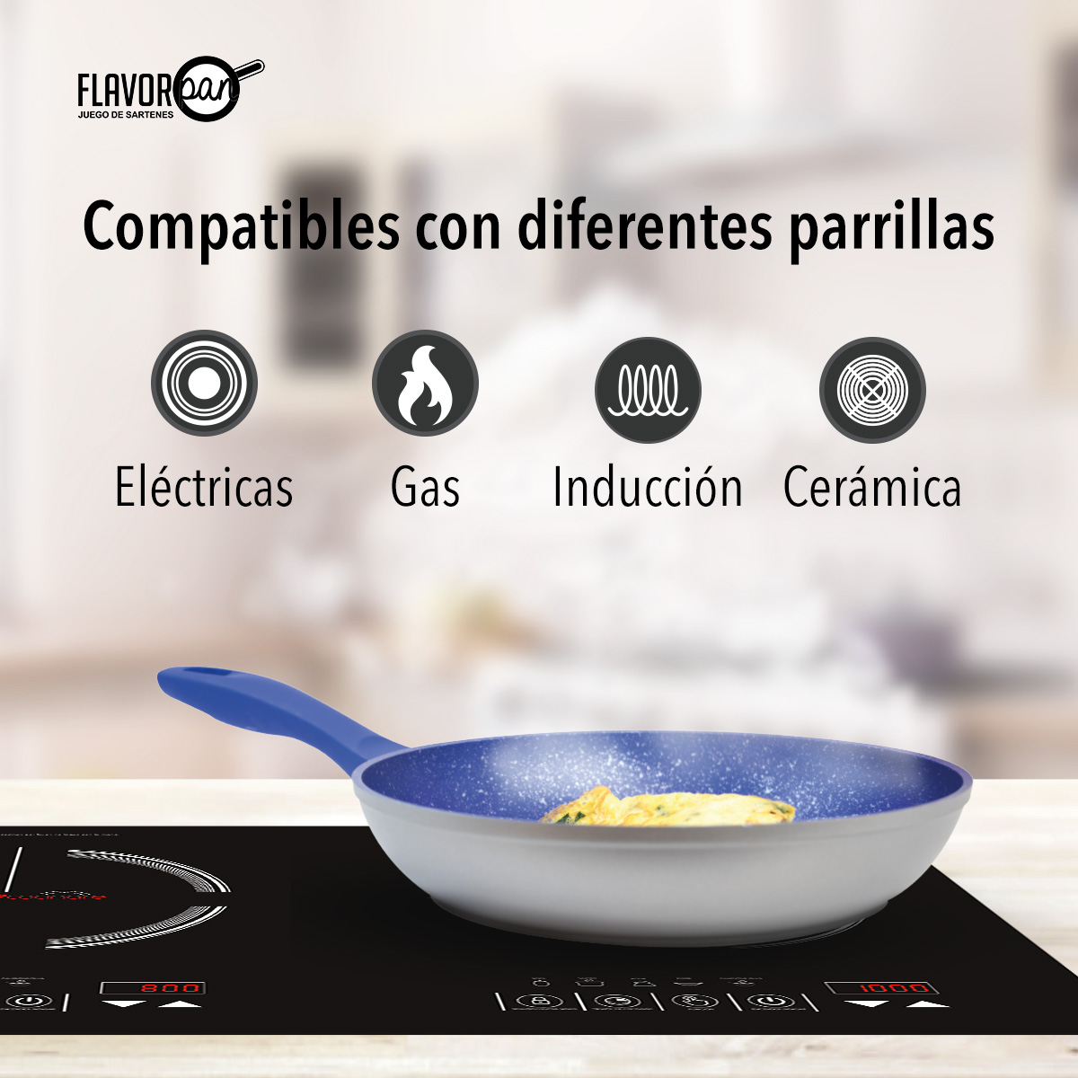 Sartén de Zafiro Antiadherente Flavor Pan  Ideal para Parrillas y Estufas de Inducción (1 Sartén Chico)