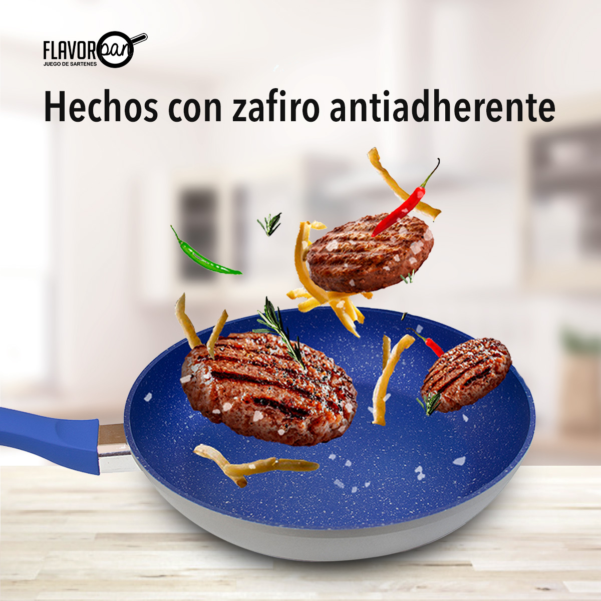 Sartén de Zafiro Antiadherente Flavor Pan  Ideal para Parrillas y Estufas de Inducción (1 Sartén Chico)