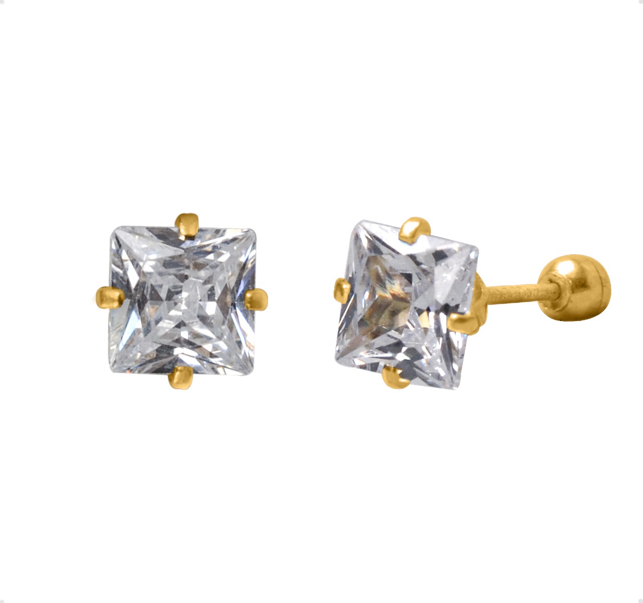 Aretes | Broqueles Oro Sólido 14k Cuadrado Zirconia 5mm