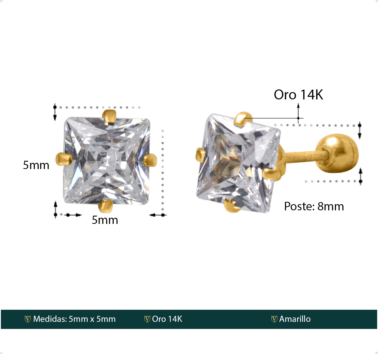 Aretes | Broqueles Oro Sólido 14k Cuadrado Zirconia 5mm
