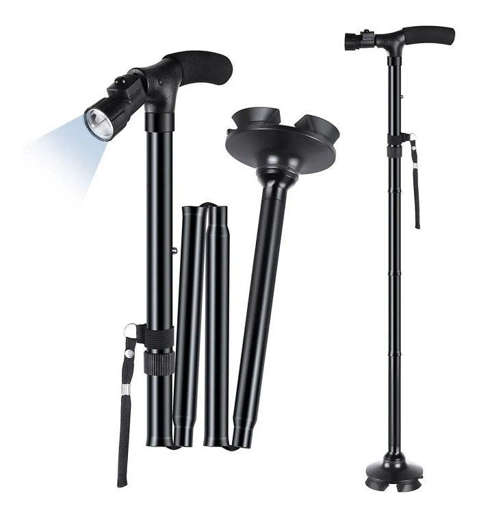 Bastón Plegable Ajustable Con Led Y 4 Puntos De Soporte
