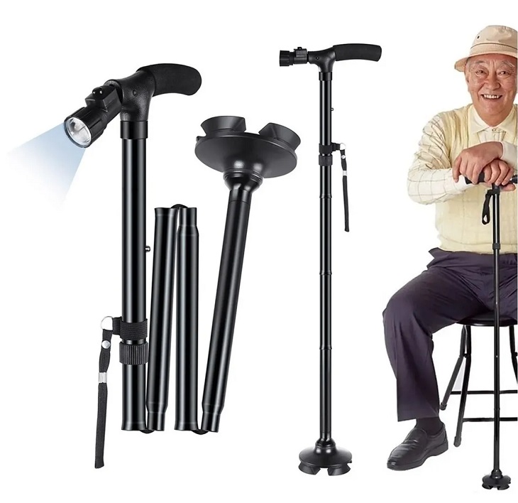 Bastón Plegable Ajustable Con Led Y 4 Puntos De Soporte