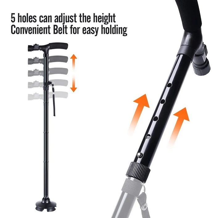 Bastón Plegable Ajustable Con Led Y 4 Puntos De Soporte