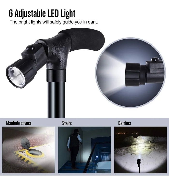 Bastón Plegable Ajustable Con Led Y 4 Puntos De Soporte