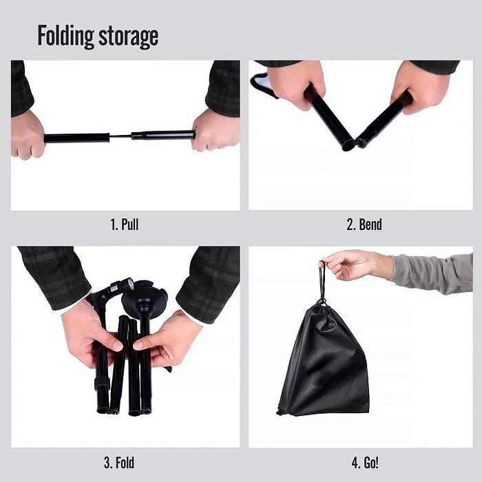 Bastón Plegable Ajustable Con Led Y 4 Puntos De Soporte