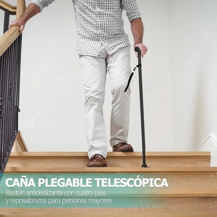 Bastón Plegable Ajustable Con Led Y 4 Puntos De Soporte