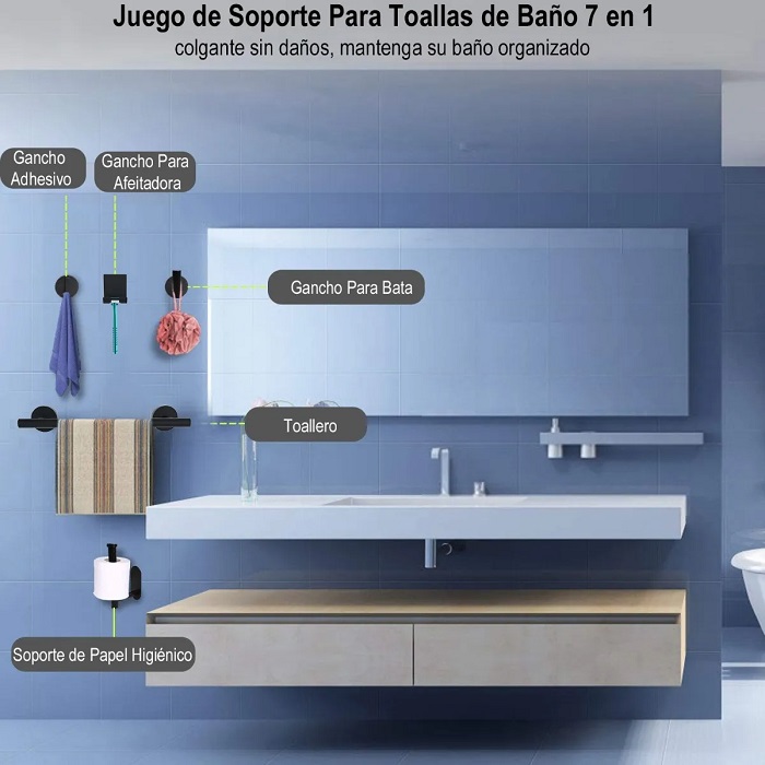 Juego de accesorios de baño de 7 piezas, accesorios de baño negro