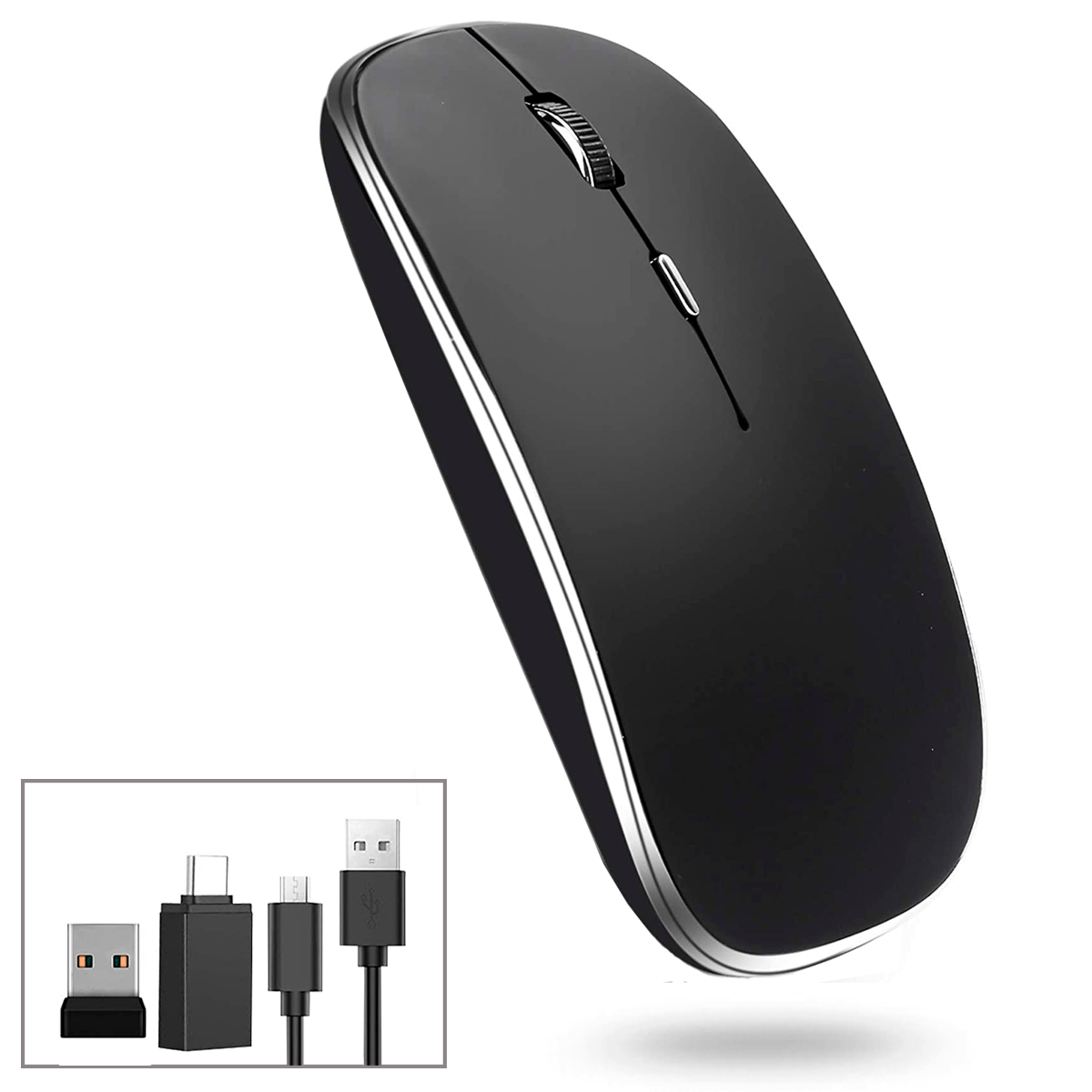 Mouse Inalámbrico, Ratón Inalámbrico Recargable Wireless óptico Silencioso de 2.4 GHz, con Receptor USB y Tipo-c Adaptador Color Negro