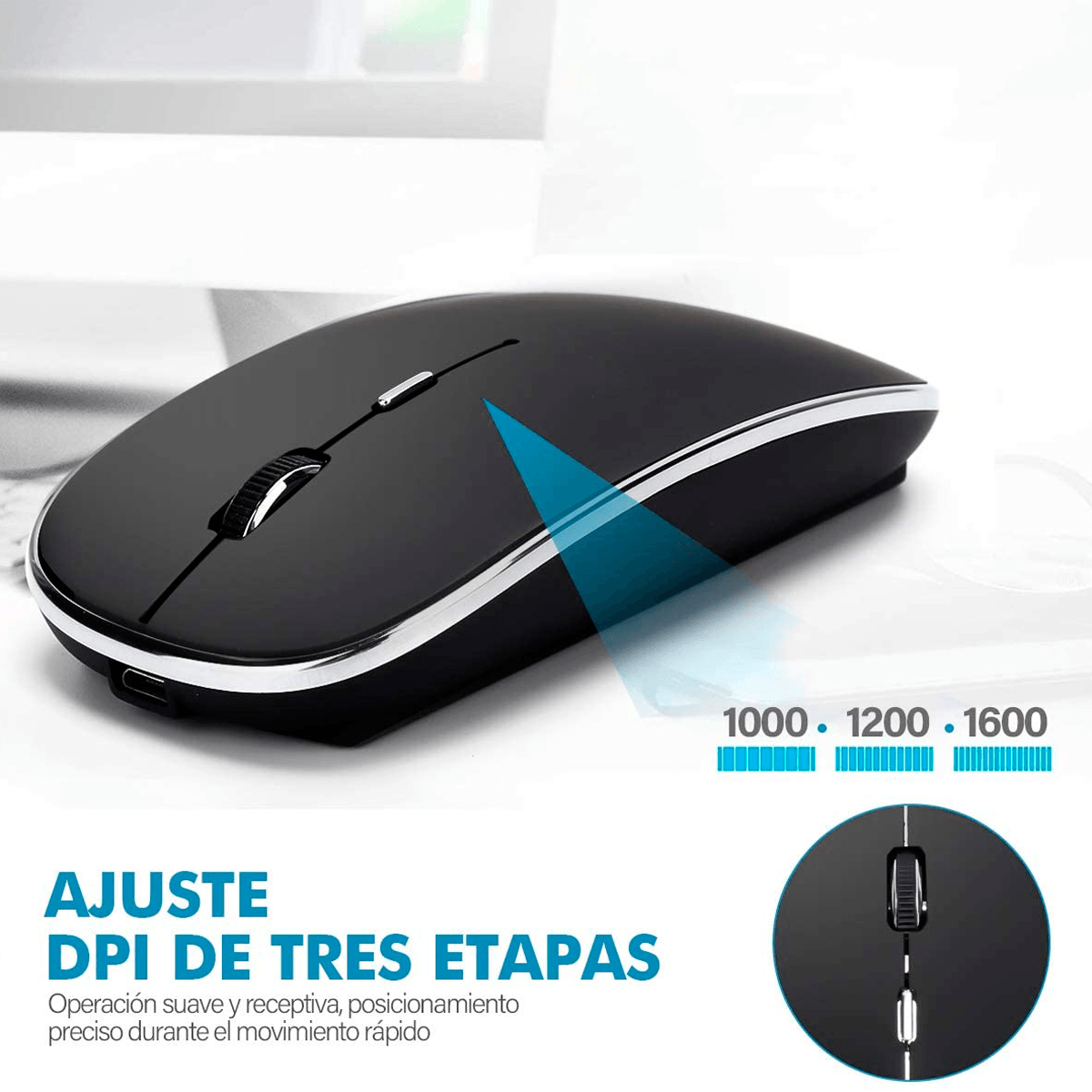 Mouse Inalámbrico, Ratón Inalámbrico Recargable Wireless óptico Silencioso de 2.4 GHz, con Receptor USB y Tipo-c Adaptador Color Negro