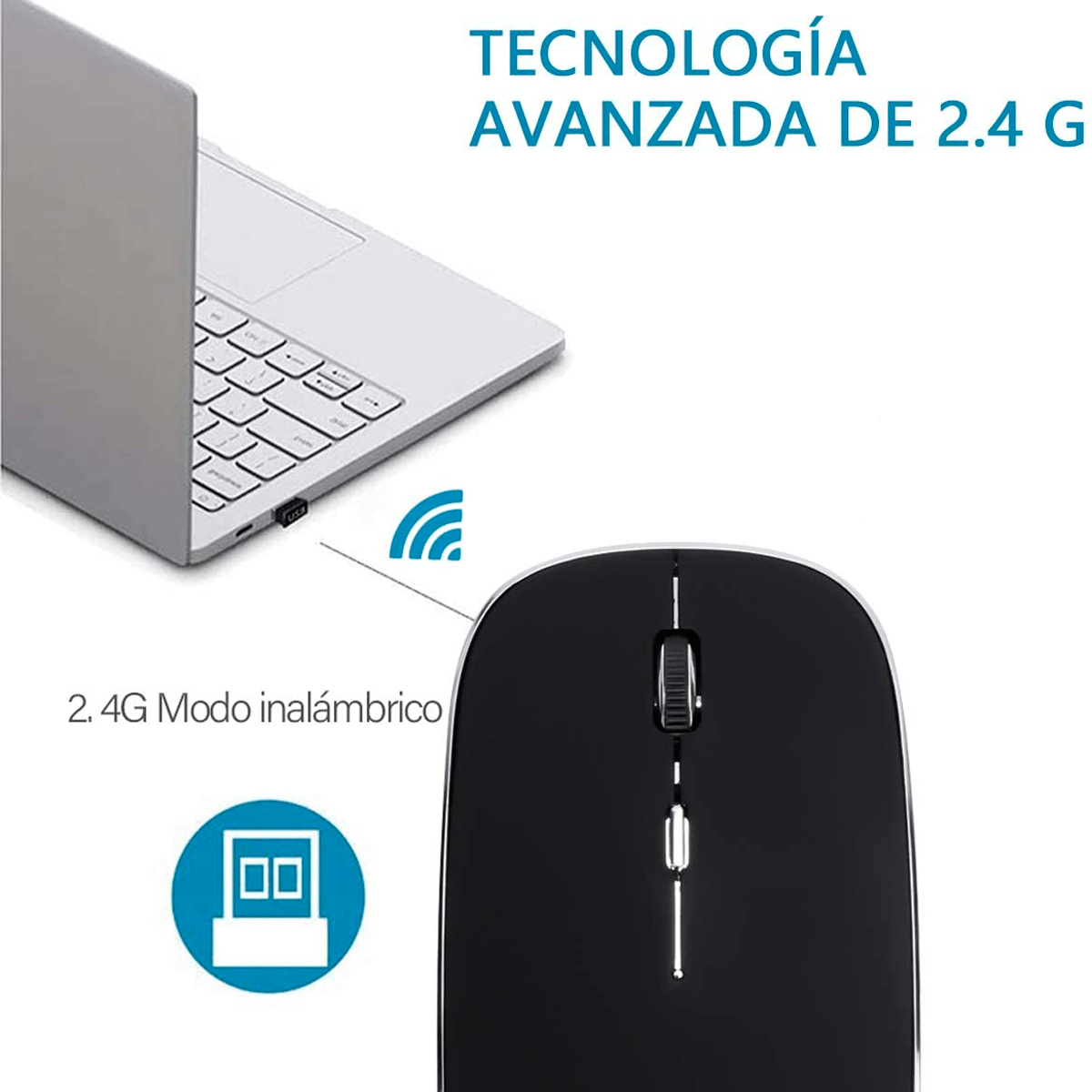 Mouse Inalámbrico, Ratón Inalámbrico Recargable Wireless óptico Silencioso de 2.4 GHz, con Receptor USB y Tipo-c Adaptador Color Negro