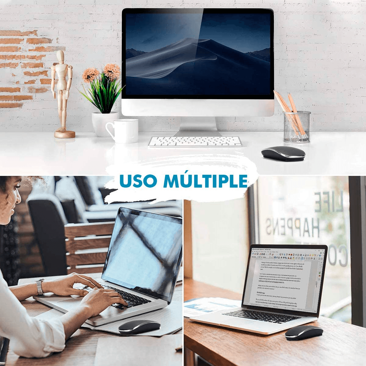 Mouse Inalámbrico, Ratón Inalámbrico Recargable Wireless óptico Silencioso de 2.4 GHz, con Receptor USB y Tipo-c Adaptador Color Negro