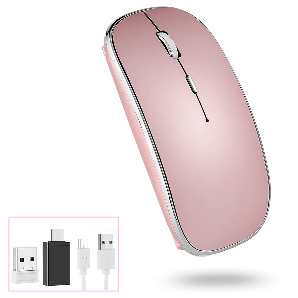 Mouse Inalámbrico, Ratón Inalámbrico Recargable Wireless óptico Silencioso de 2.4 GHz, con Receptor USB y Tipo-c Adaptador Color Rosa