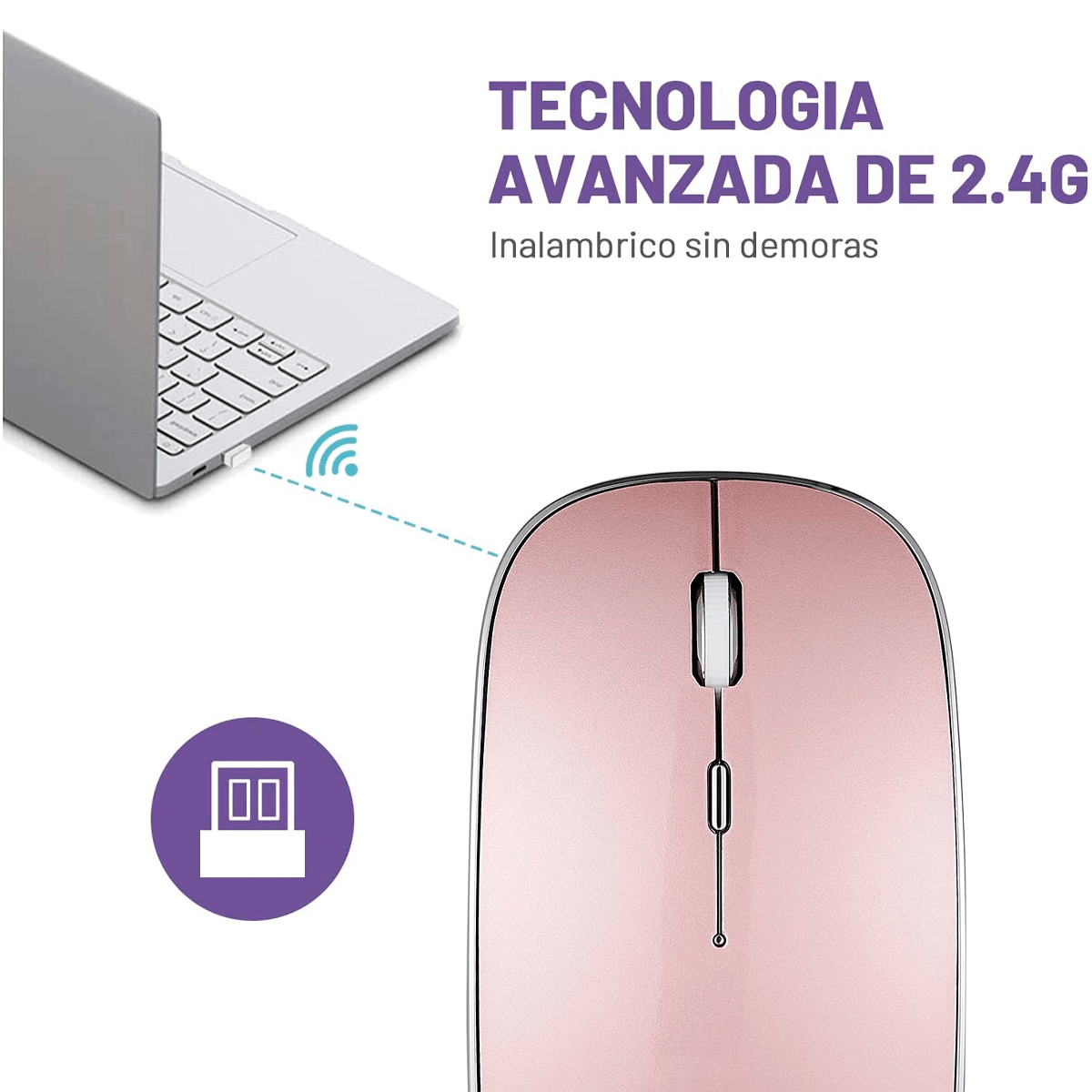 Mouse Inalámbrico, Ratón Inalámbrico Recargable Wireless óptico Silencioso de 2.4 GHz, con Receptor USB y Tipo-c Adaptador Color Rosa