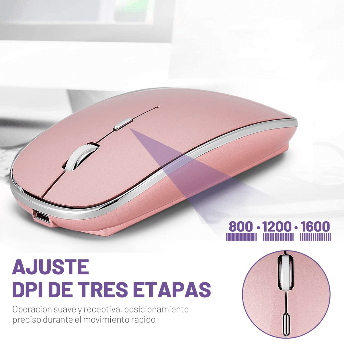 Mouse Inalámbrico, Ratón Inalámbrico Recargable Wireless óptico Silencioso de 2.4 GHz, con Receptor USB y Tipo-c Adaptador Color Rosa