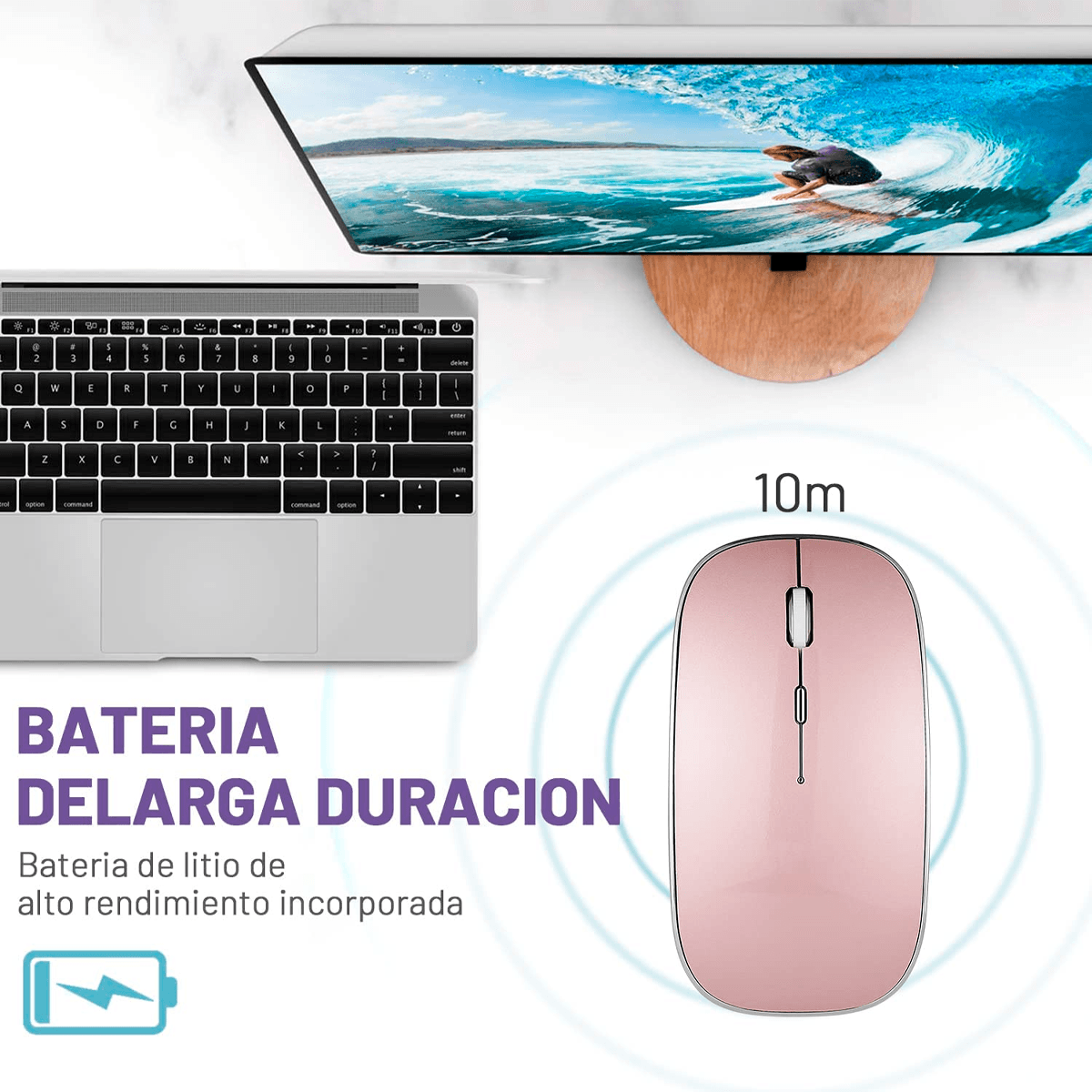 Mouse Inalámbrico, Ratón Inalámbrico Recargable Wireless óptico Silencioso de 2.4 GHz, con Receptor USB y Tipo-c Adaptador Color Rosa