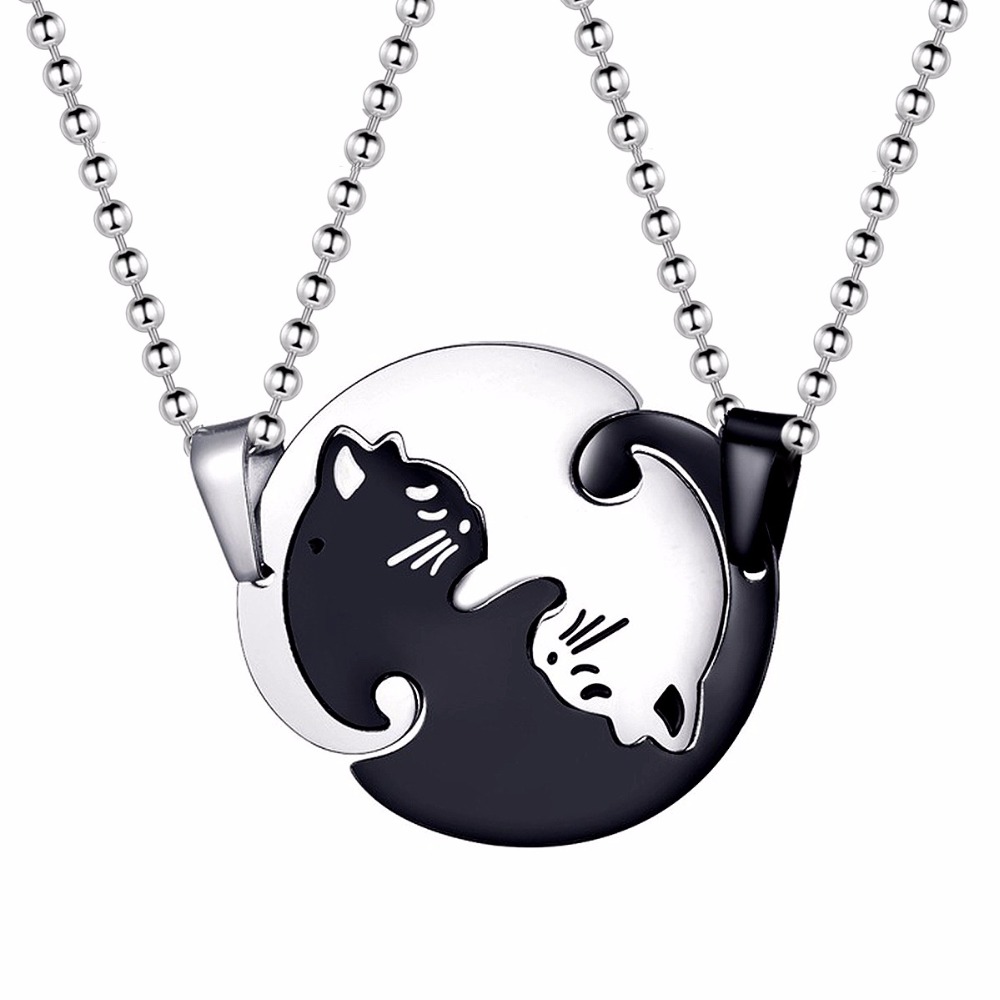 Collar Pareja Gatos Ying Yang Acero Inoxidable Negro Plata Circulo