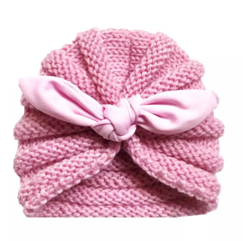 Gorro Tejido Estambre Bebé Y Niña Con Moño Rosa Turbante