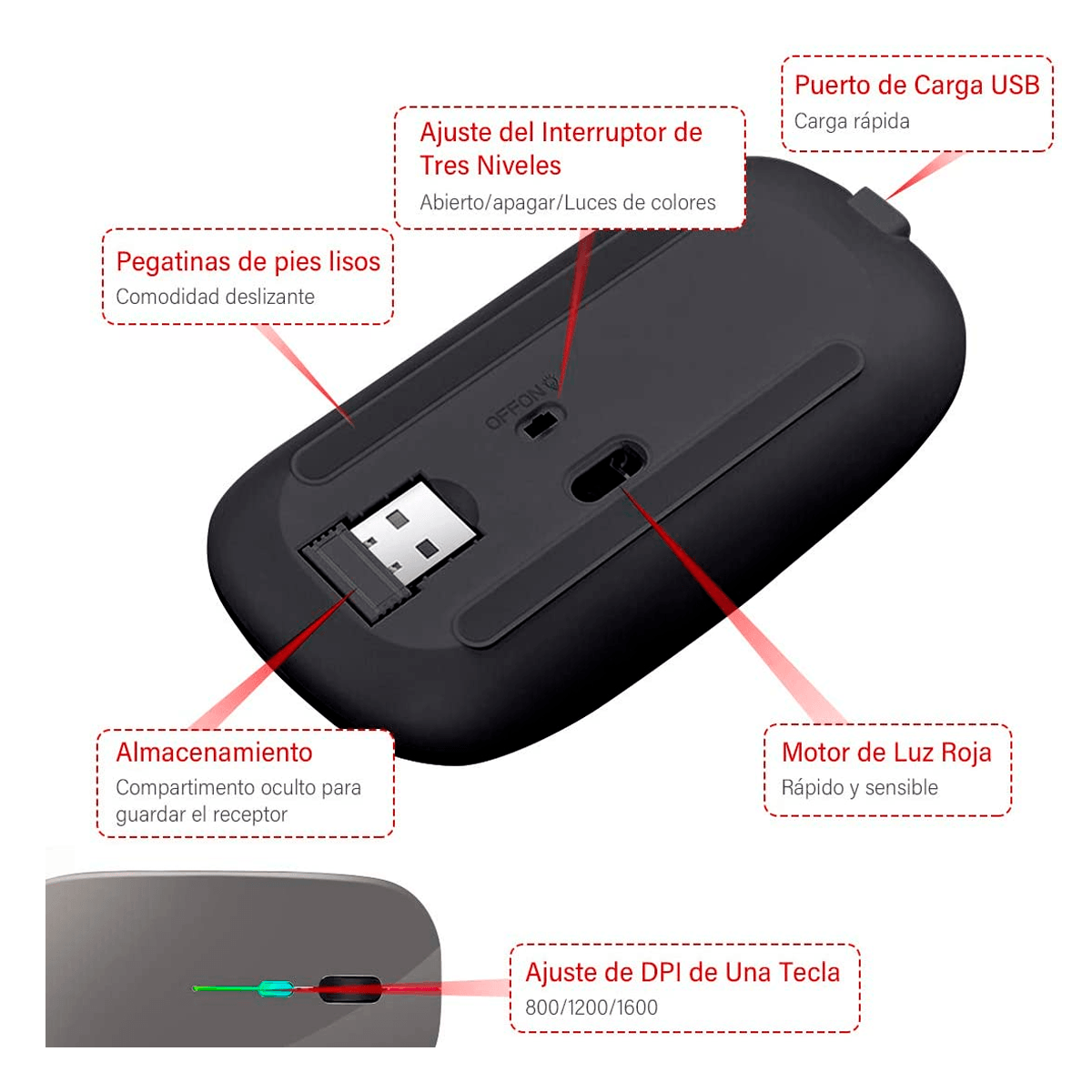 Mouse Inalámbrico, Ratón Recargable Wireless 2.4G Ergonómico óptico Silencioso Click con Receptor USB
