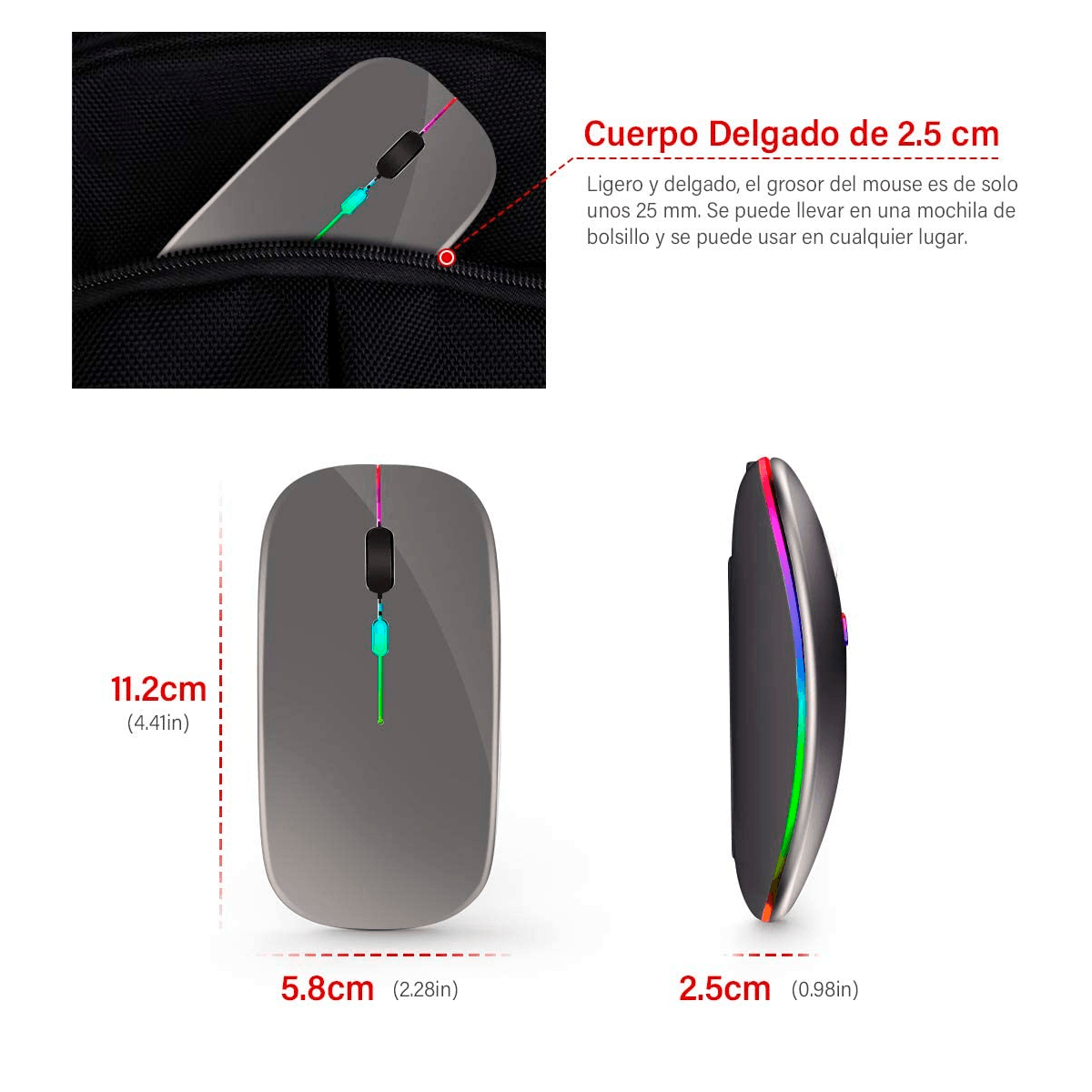 Mouse Inalámbrico, Ratón Recargable Wireless 2.4G Ergonómico óptico Silencioso Click con Receptor USB