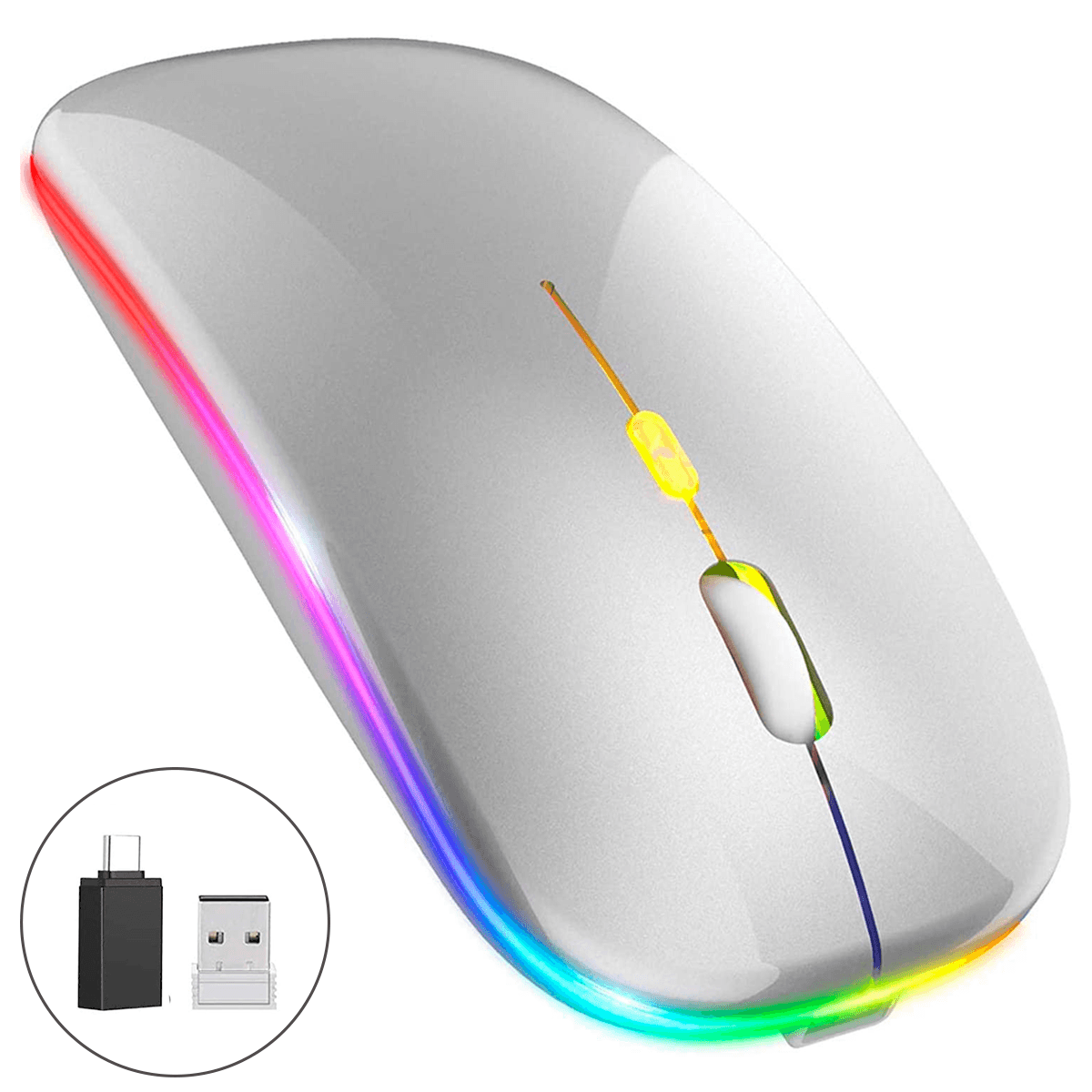 Mouse Inalámbrico, Ratón Recargable Wireless 2.4G Ergonómico óptico Silencioso Click con Receptor USB (800/1200/1600) Ajustable Color Plata