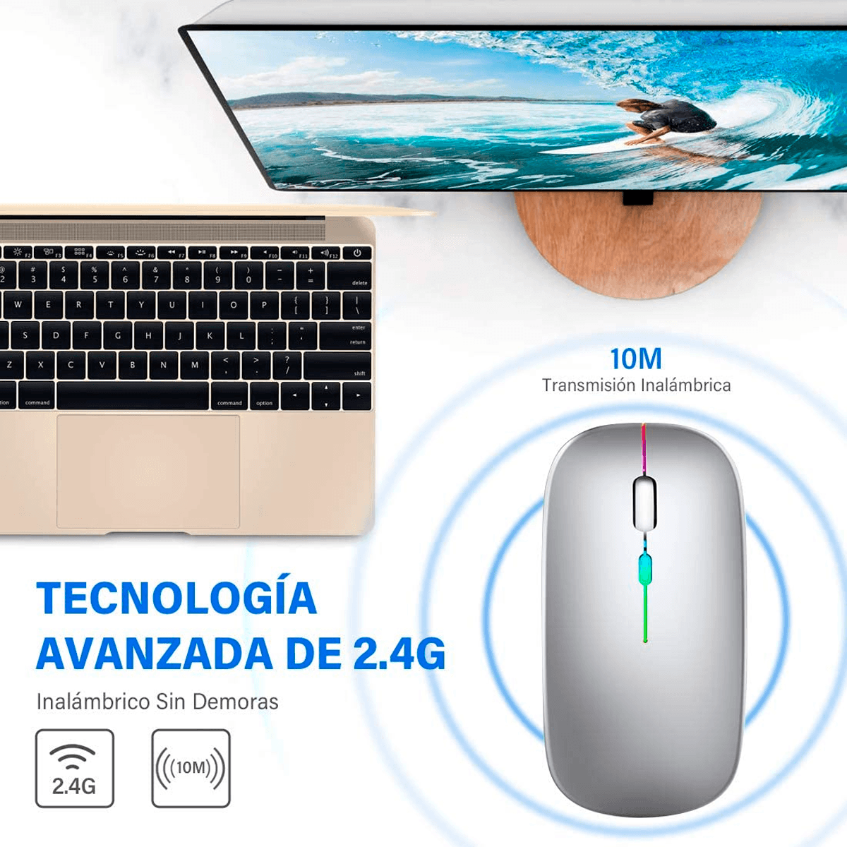 Mouse Inalámbrico, Ratón Recargable Wireless 2.4G Ergonómico óptico Silencioso Click con Receptor USB (800/1200/1600) Ajustable Color Plata
