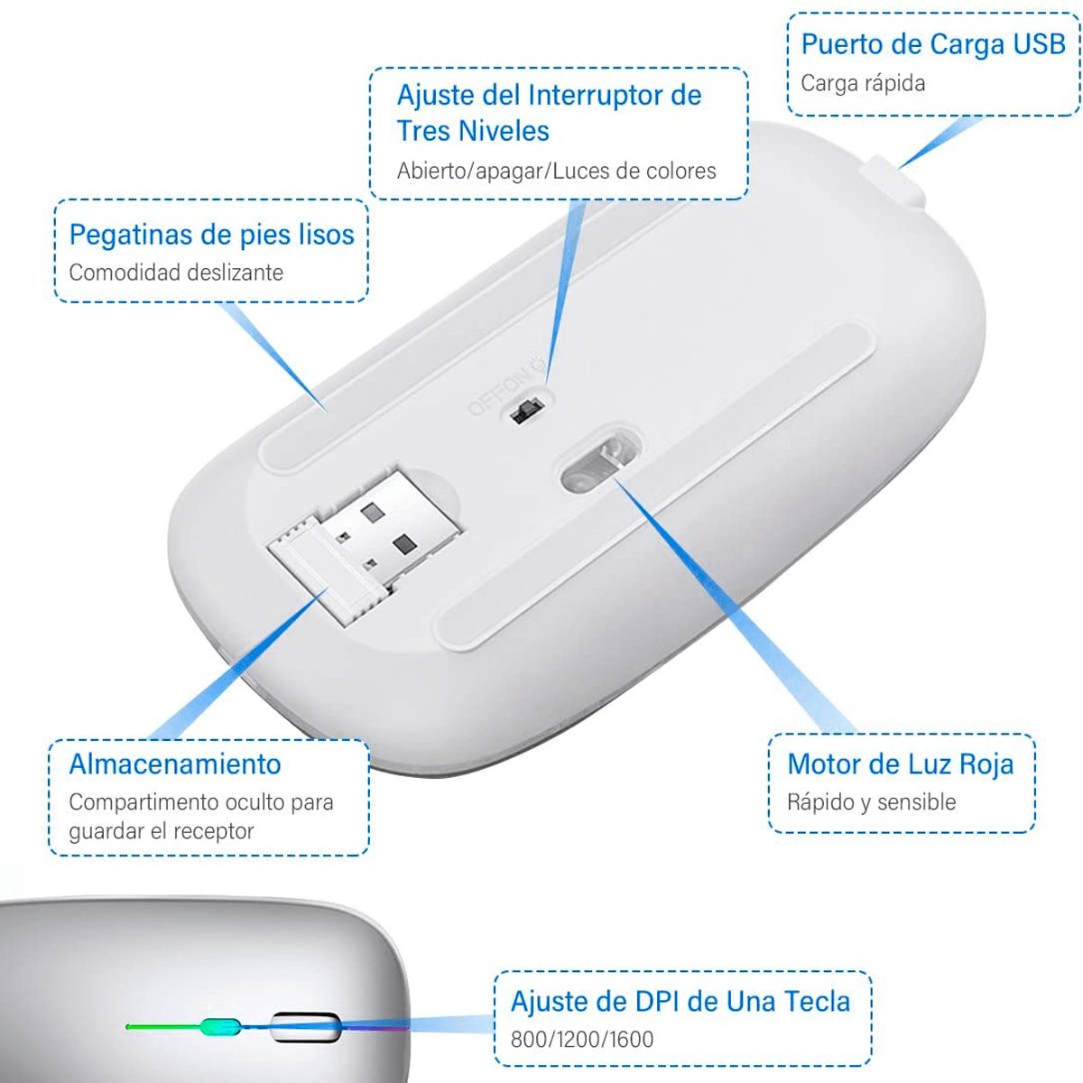 Mouse Inalámbrico, Ratón Recargable Wireless 2.4G Ergonómico óptico Silencioso Click con Receptor USB (800/1200/1600) Ajustable Color Plata