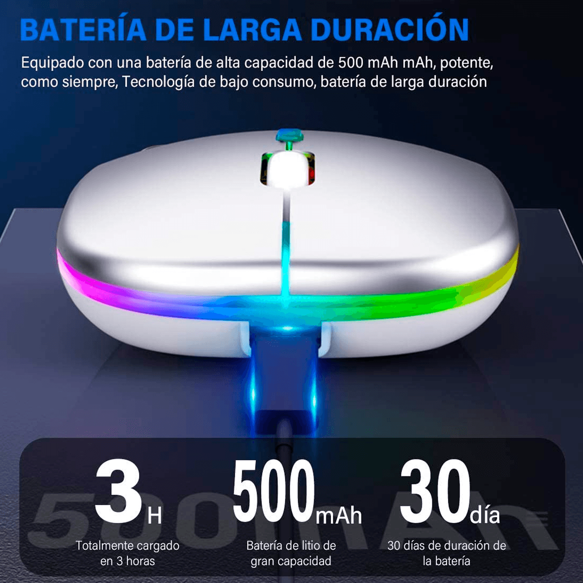 Mouse Inalámbrico, Ratón Recargable Wireless 2.4G Ergonómico óptico Silencioso Click con Receptor USB (800/1200/1600) Ajustable Color Plata