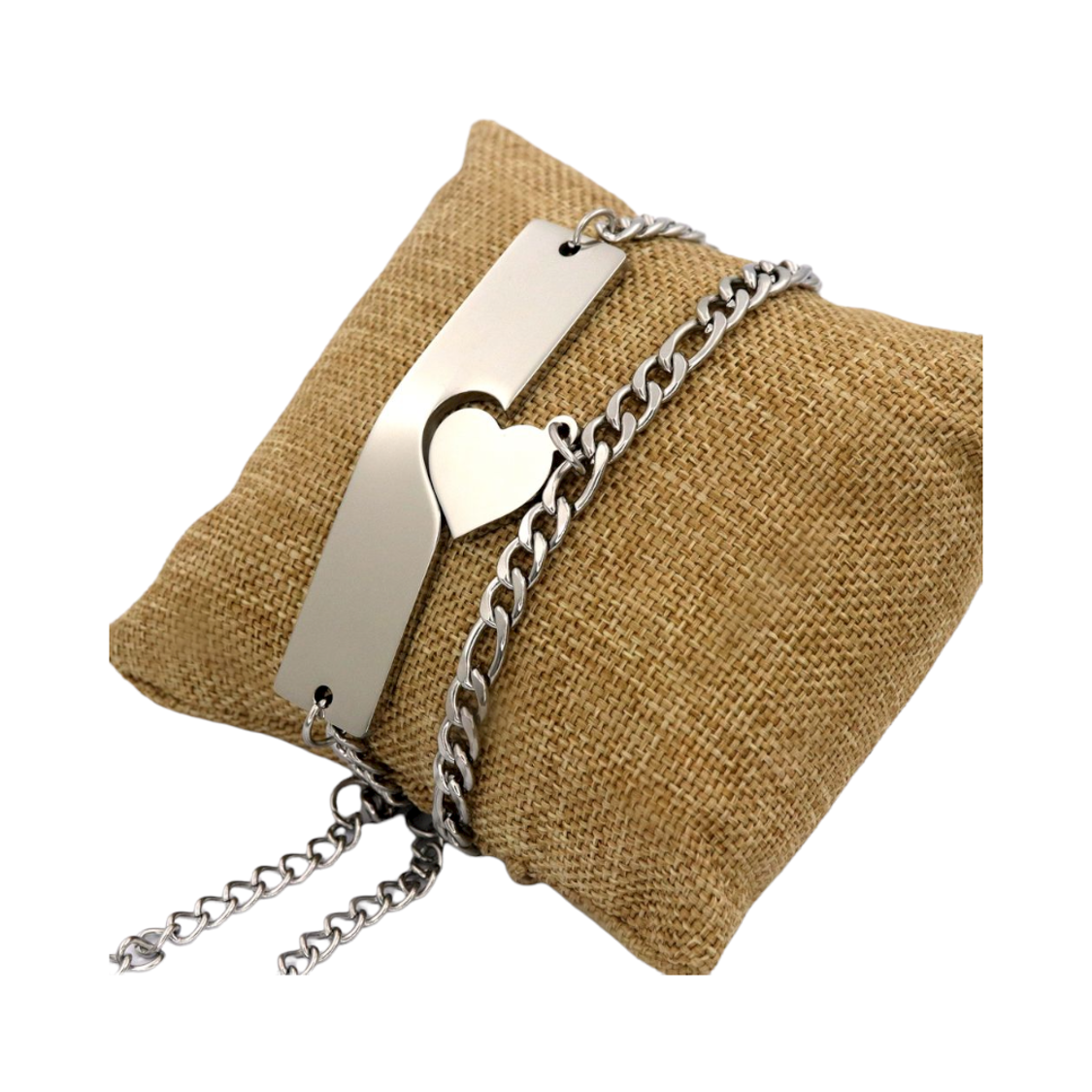Pulseras Para Parejas Acero Inoxidable Placa y Corazon Embonan Plateadas