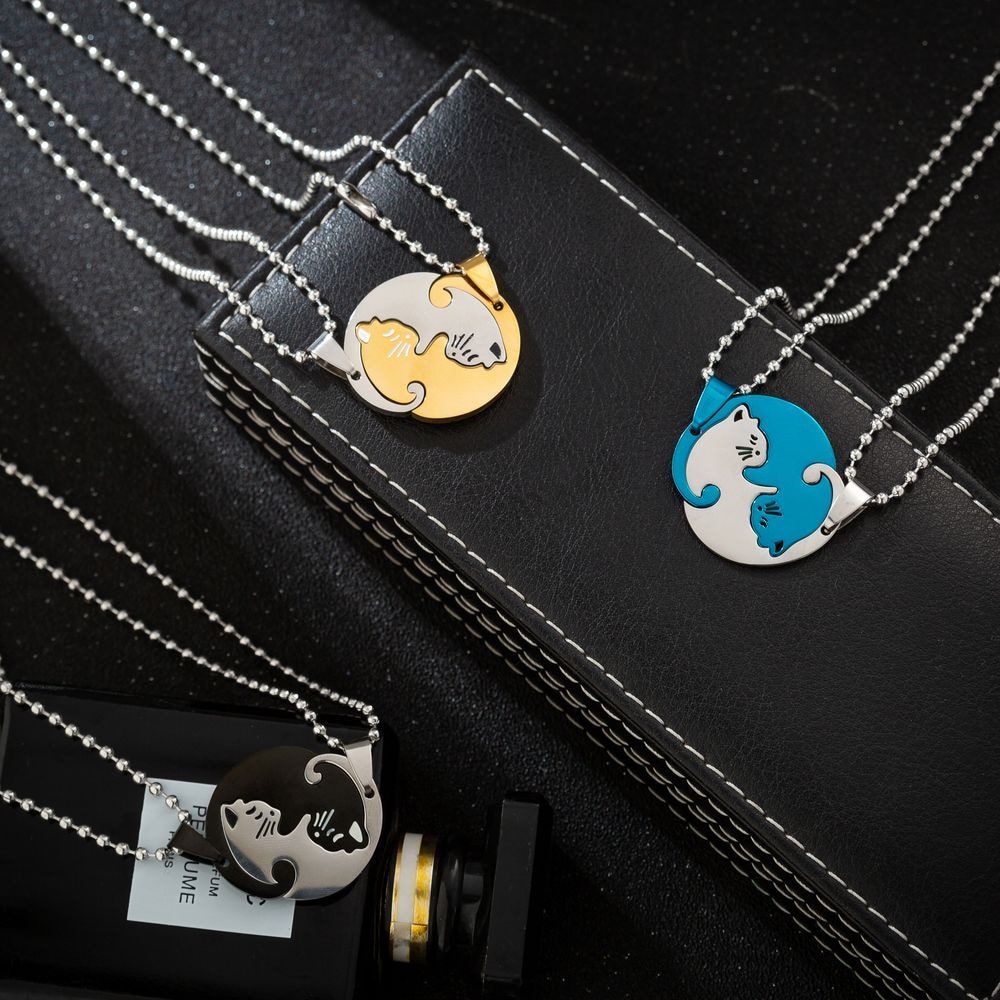 Collar Pareja Gatos Ying Yang Acero Inoxidable Dorado Plata Circulo