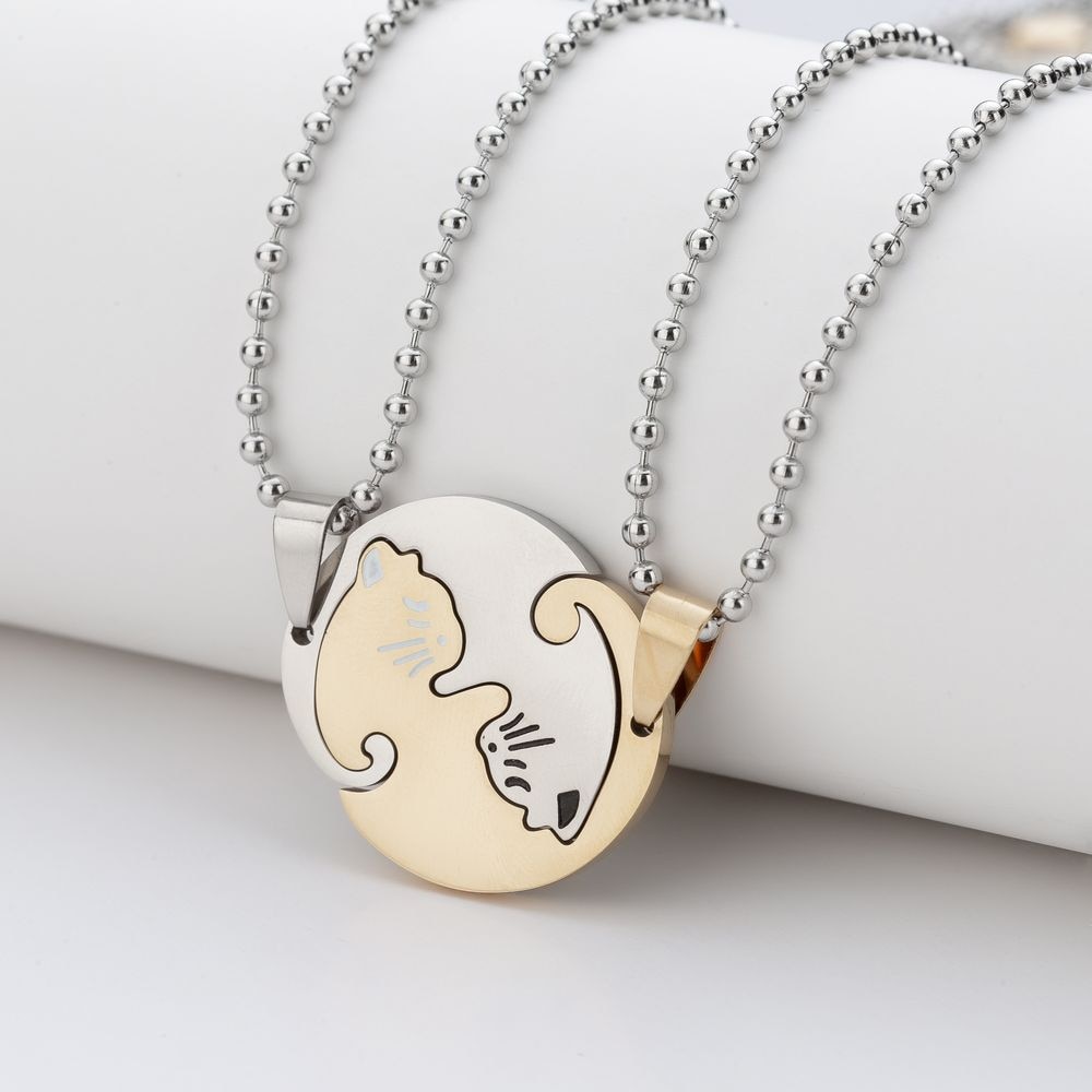 Collar Pareja Gatos Ying Yang Acero Inoxidable Dorado Plata Circulo