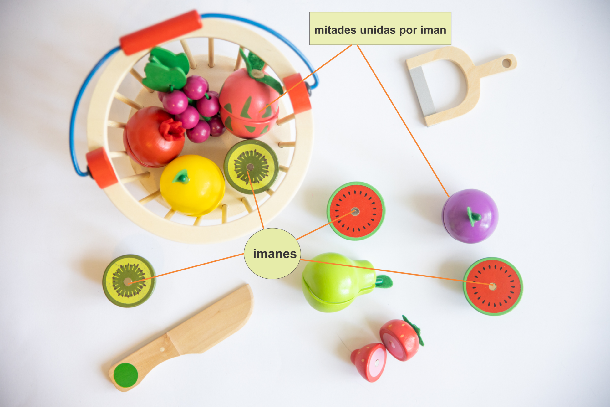 Frutas de madera y cuchillo para cortar