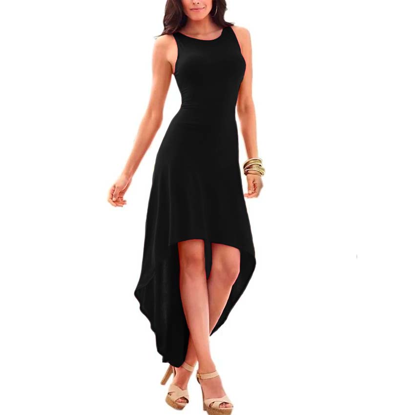 Vestido con cola de pato, cuello redondo y sin mangas