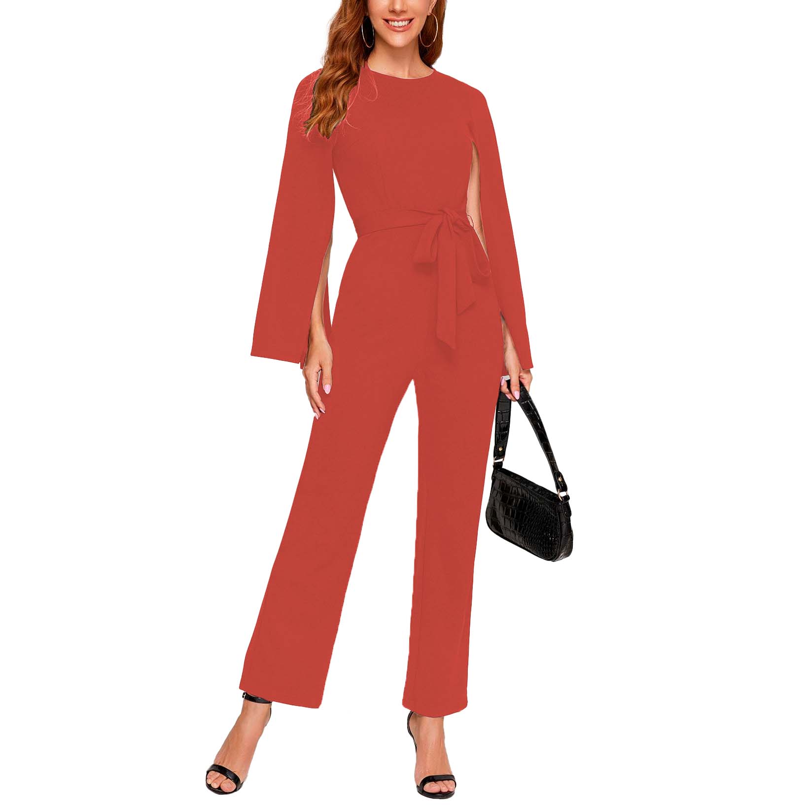 Jumpsuit mangas largas de cuello redondo y cinturón