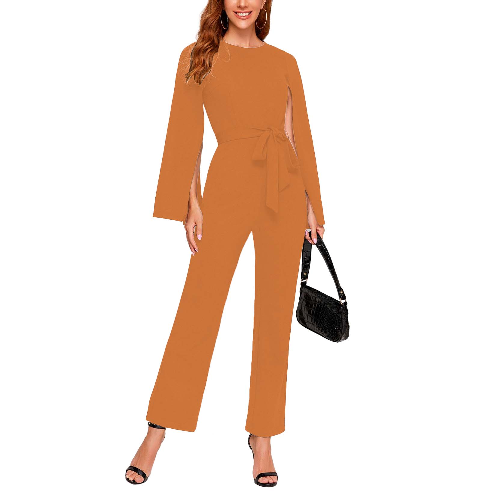 Jumpsuit mangas largas de cuello redondo y cinturón