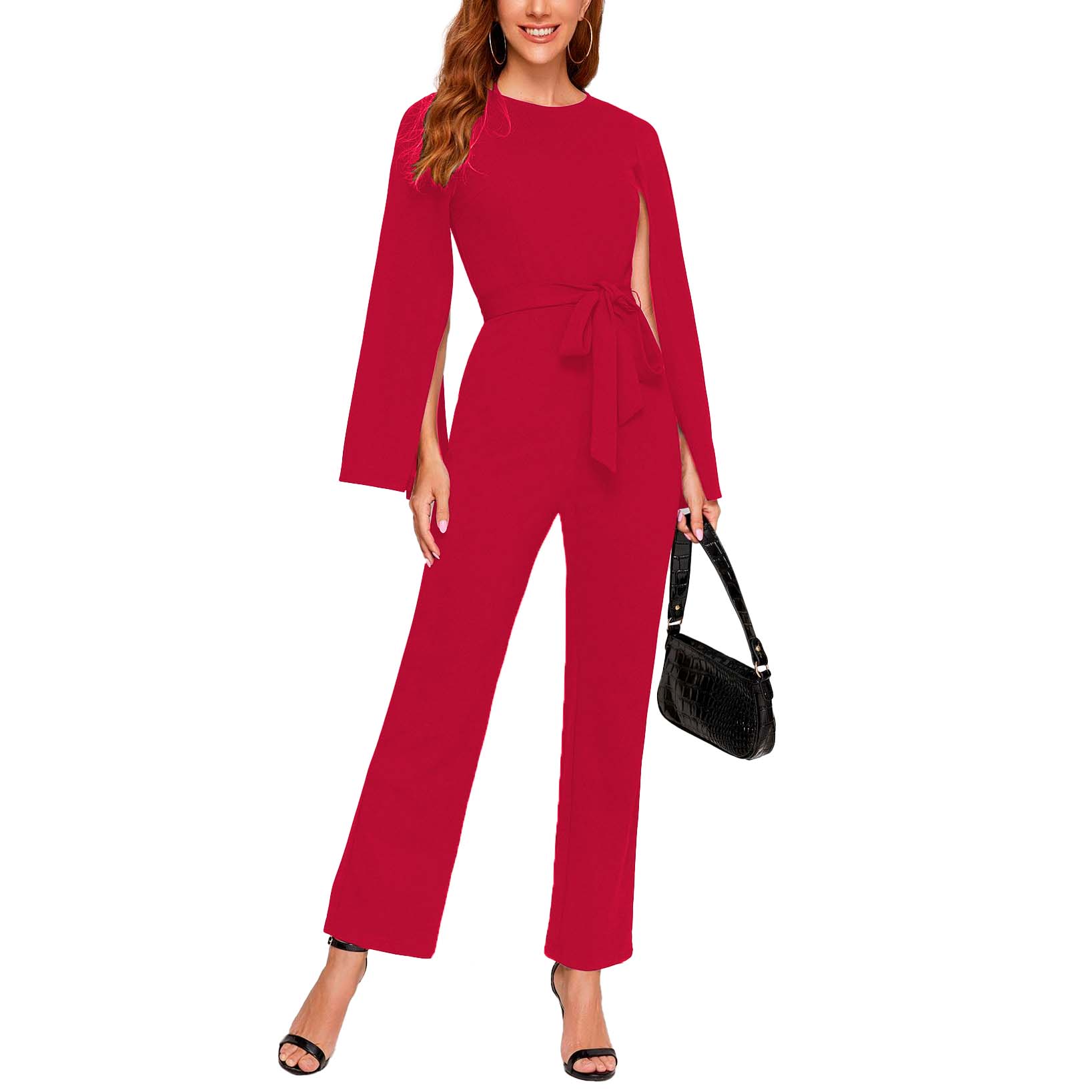 Jumpsuit mangas largas de cuello redondo y cinturón