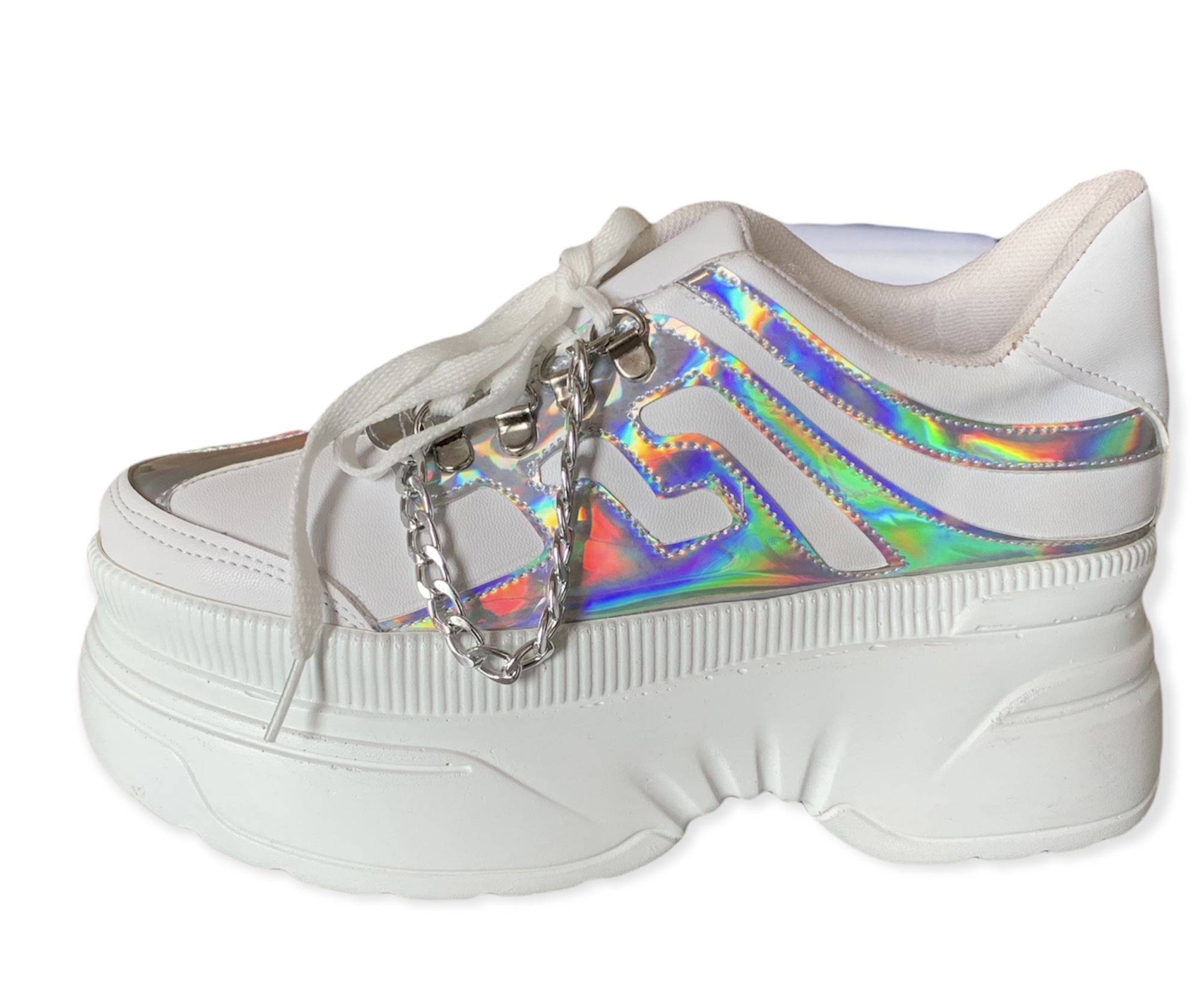 Tenis  De Plataforma De Moda Para Dama Blancos Con Plateado Plataforma 7 cm