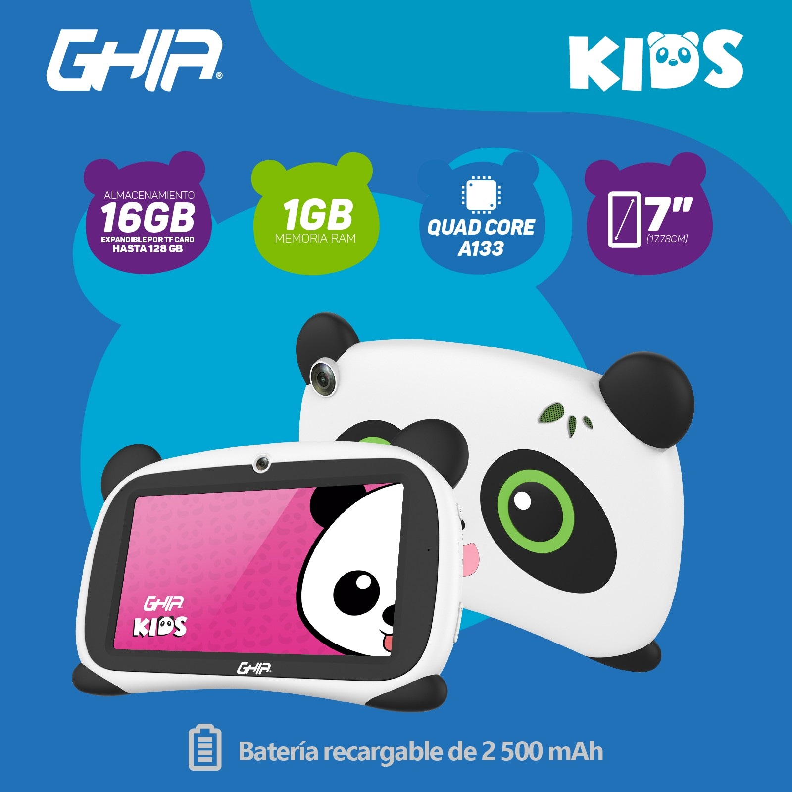 Tablet GHIA Panda GPND133V 7 Pulgadas Procesador A133 1GB RAM 16GB Almacenamiento Cámara Android 11