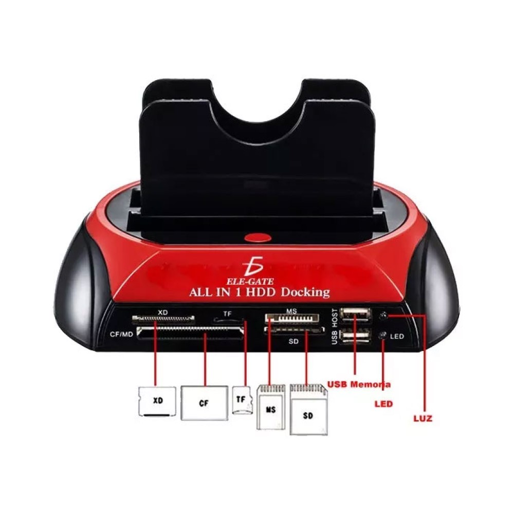 Case Dock De Station Disco Duro 2.5 3.5 Sata/ide Ele-Gate CON32 Color Rojo Con Negro