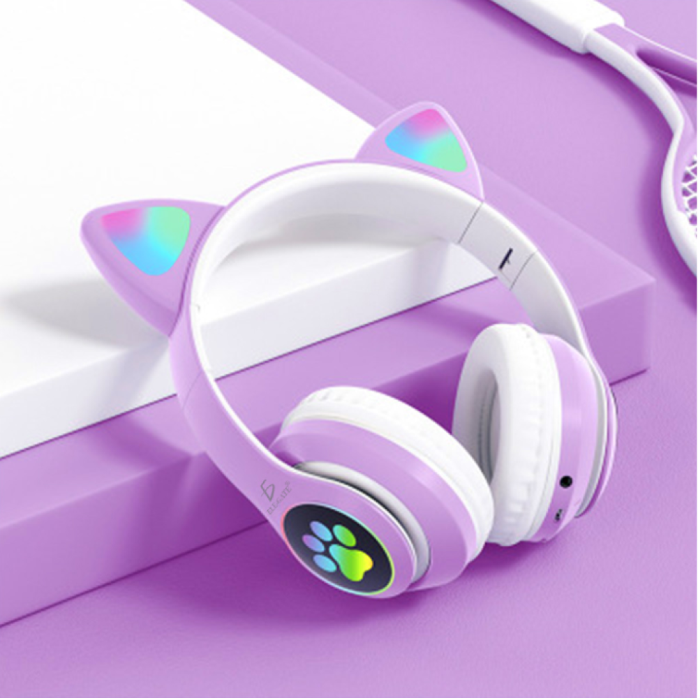 Audífonos Diadema Con Orejas De Gato Bluetooth Ele-Gate EARBT46 Color Morado Con Luz Led