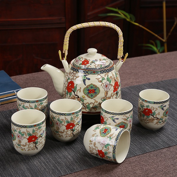 Juego de Té  Diseño Floral Rojo Hermosa Caja para Regalo con Tetera 750ml y 6 Vasos de Cerámica