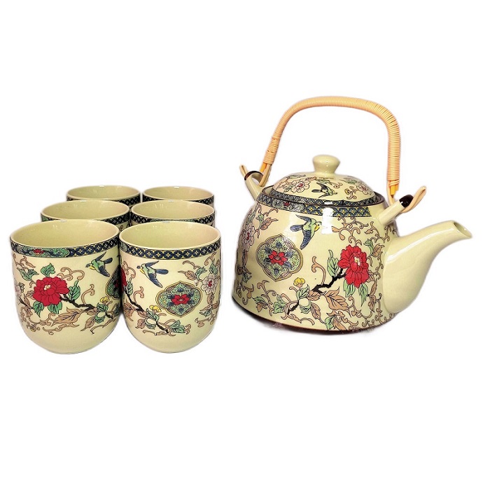 Juego de Té  Diseño Floral Rojo Hermosa Caja para Regalo con Tetera 750ml y 6 Vasos de Cerámica