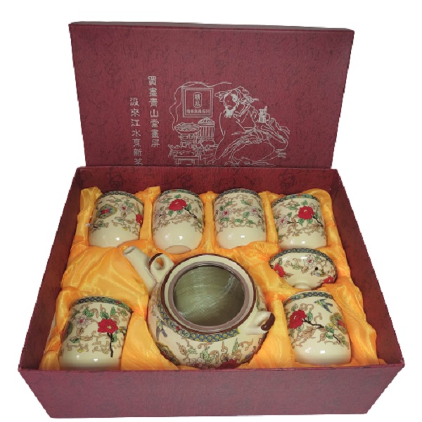 Juego de Té  Diseño Floral Rojo Hermosa Caja para Regalo con Tetera 750ml y 6 Vasos de Cerámica