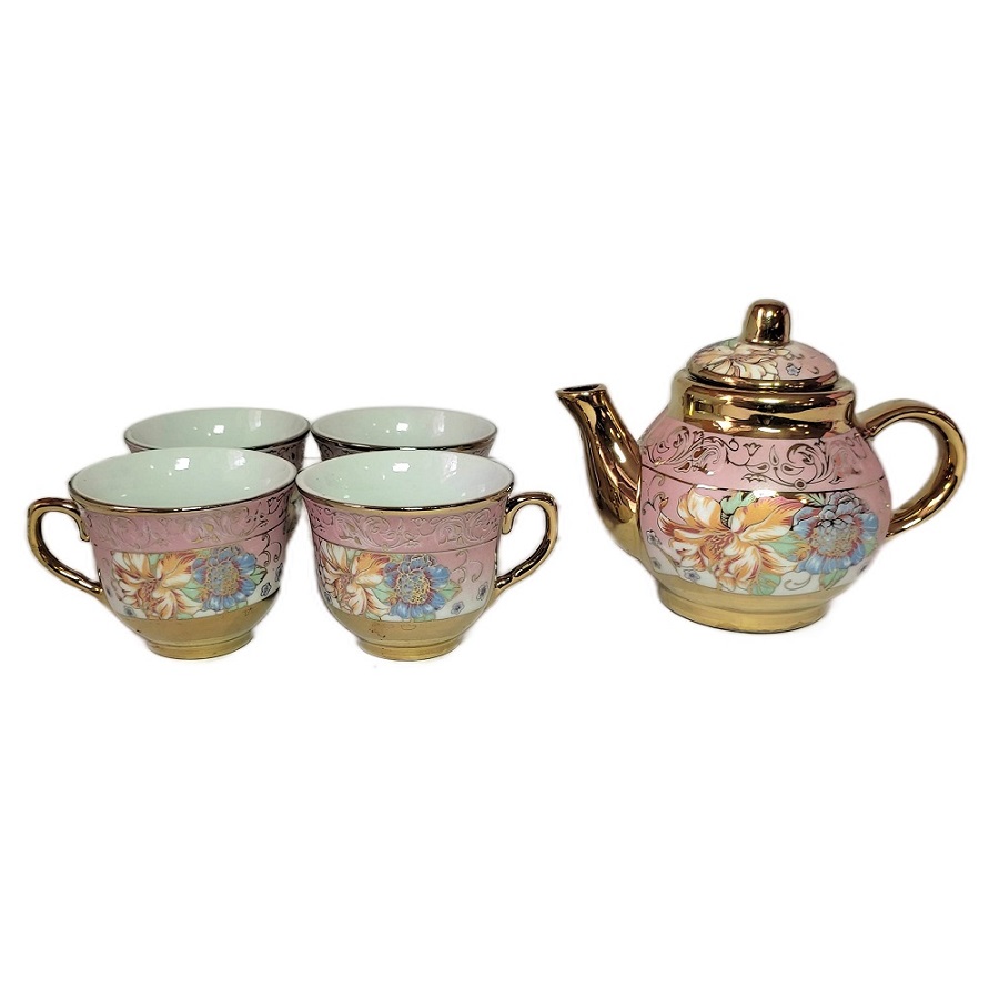 Juego de Té Diseño Floral Dorado en Porcelana Fina Caja Regalo Tetera con 4 Tazas