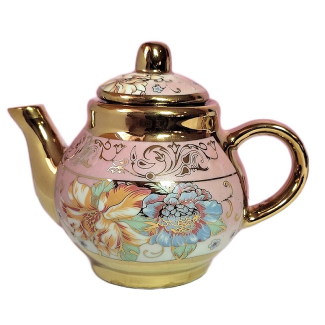 Juego de Té Diseño Floral Dorado en Porcelana Fina Caja Regalo Tetera con 4 Tazas
