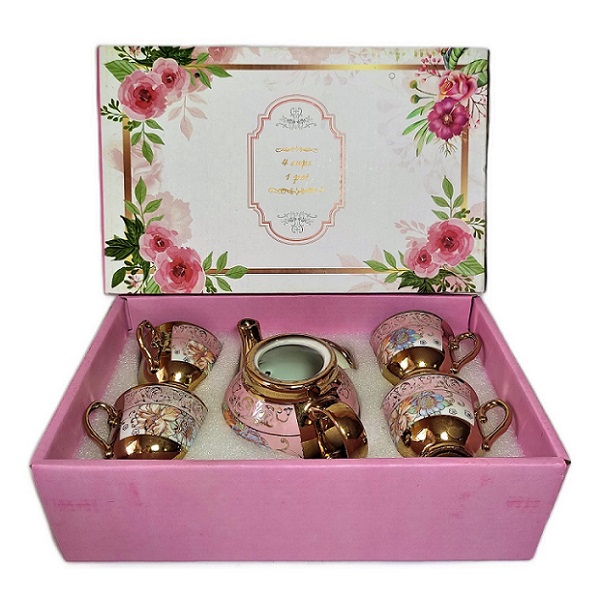 Juego de Té Diseño Floral Dorado en Porcelana Fina Caja Regalo Tetera con 4 Tazas