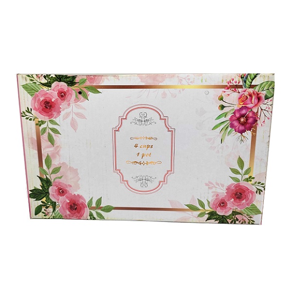 Juego de Té Diseño Floral Dorado en Porcelana Fina Caja Regalo Tetera con 4 Tazas