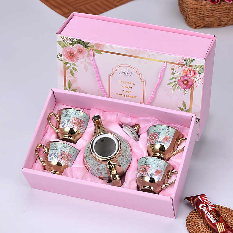 Juego de Té Diseño Floral Dorado en Porcelana Fina Caja Regalo Tetera con 4 Tazas