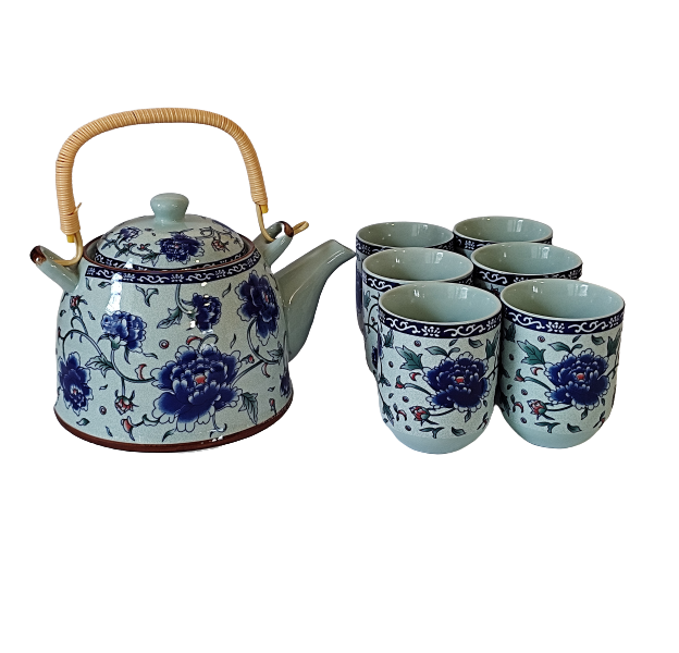 Juego de Té  Diseño Floral Azul Hermosa Caja para Regalo con Tetera 750ml y 6 Vasos de Cerámica