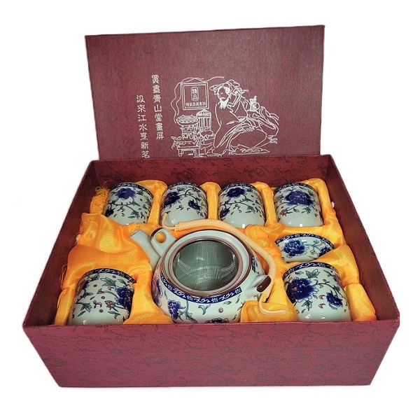 Juego de Té  Diseño Floral Azul Hermosa Caja para Regalo con Tetera 750ml y 6 Vasos de Cerámica